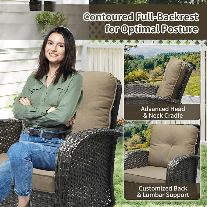 SHGJ&SOFT 3 Piece Patio Furniture Set, 2 Outdoor Swivel Rocking Chairs with Side Table, Wicker Glider Chairs, All-Weather Rattan Bistro Set for Porch, Deck, Pool (Khaki, Grey Full-Weave Rattan)