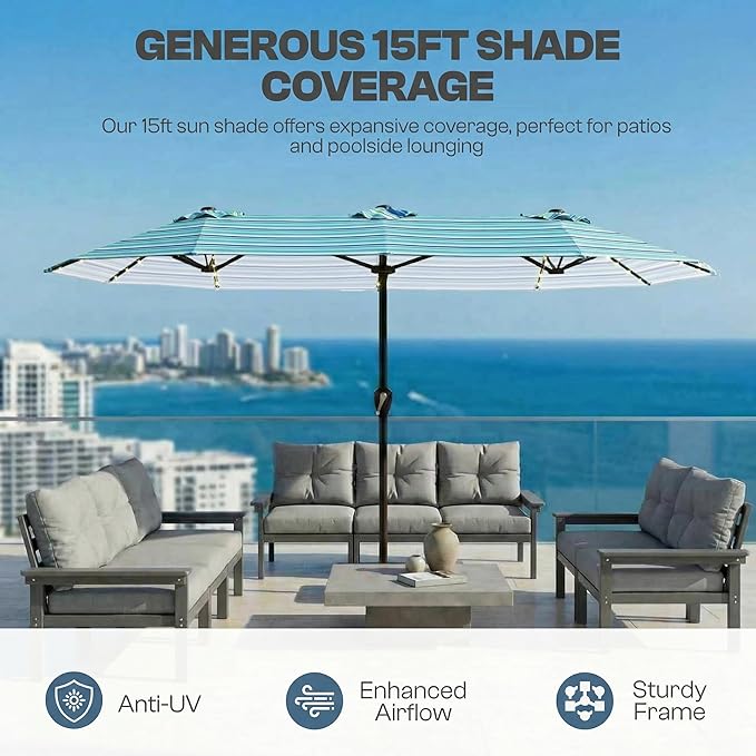 15FT Patio Umbrella with Solar Lights, Double-Sided Extra Large Outdoor Table Umbrella with Base Included, Heavy-Duty 12 Iron Ribs Market Umbrella for Garden, Pool, Backyard, Green Stripes