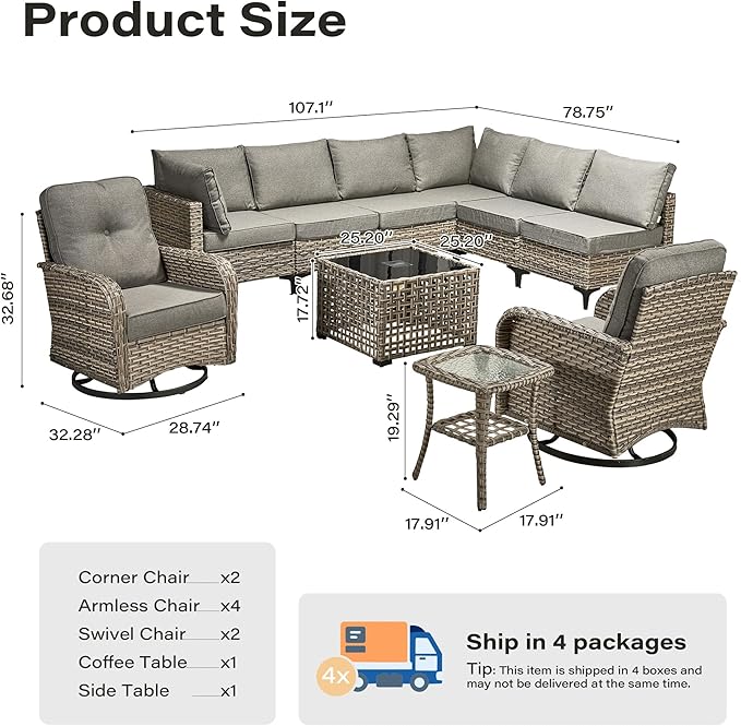 10 Pieces Outdoor Sectional Patio Furniture Set with Swivel Rocking Chairs,Wicker Conversation Sets Rattan L Shaped Couch,Modular Outdoor Sofa for Porch Balcony Backyard Dark Grey