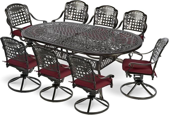 MEETWARM 9-Piece Outdoor Patio Dining Set, All-Weather Cast Aluminum Patio Conversation Set with 8 Cushioned Swivel Rocker Chairs for Backyard Garden Deck, 1 Oval Table, 2" Umbrella Hole, Chili Red