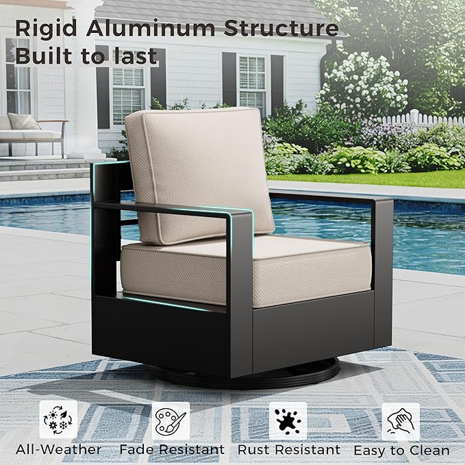 Aluminum Outdoor Swivel Rocker Patio Chairs Set of 2, All-Weather Metal Outdoor Chair with 6 Inch Thick Cushions, Deep Setting for Garden, Outside and Porch, Beige