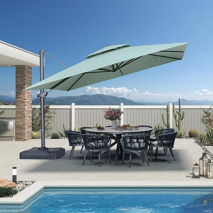 PURPLE LEAF 12 FT Cantilever Umbrella Outdoor Patio Umbrella, Large Offset Square Umbrella, Windproof Heavy Duty Hanging Outside Umbrellas for Patio, Mint Green