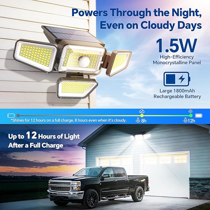 Solar Lights Outdoor, 3000LM Solar Powered Motion Sensor Light, IP65 Waterproof Security Flood Light with 3 Modes, 16-26FT Detection, 6.5-10FT Mounting Height for Wall, Garage, Yard (4 Pack)
