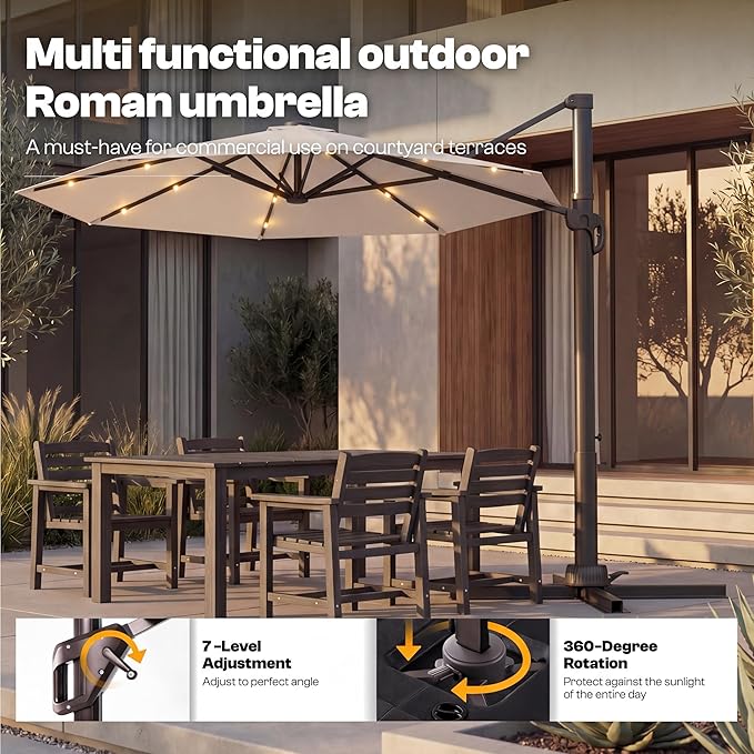 Kingdura 9ft Cantilever Patio Umbrella with Base Included & Solar Lights, Large Round Metal Outdoor Offset Umbrella with 360-degree Rotation, 4 Position Tilt, UV Protection for Pool Deck Patio (Beige)