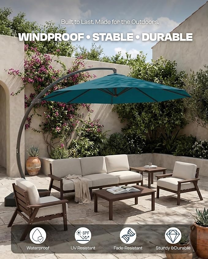 12 FT Cantilever Umbrella with Base Included, Large Round 360° Rotation Offset Umbrella Outdoor Patio, Heavy Duty Aluminum Frame, Sand-Weighted Stand, for Deck, Backyard, Pool, Garden (Lake Blue)
