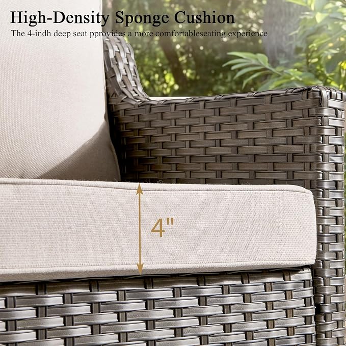 Luxury Patio Furniture sofa Set - 3 Pieces All Weather Wicker Outdoor Couch and High Back Swivel Rocker Patio Chairs with Glass coffee table for Deck Yard and Poolside Beige Cushions | Gray Wicker