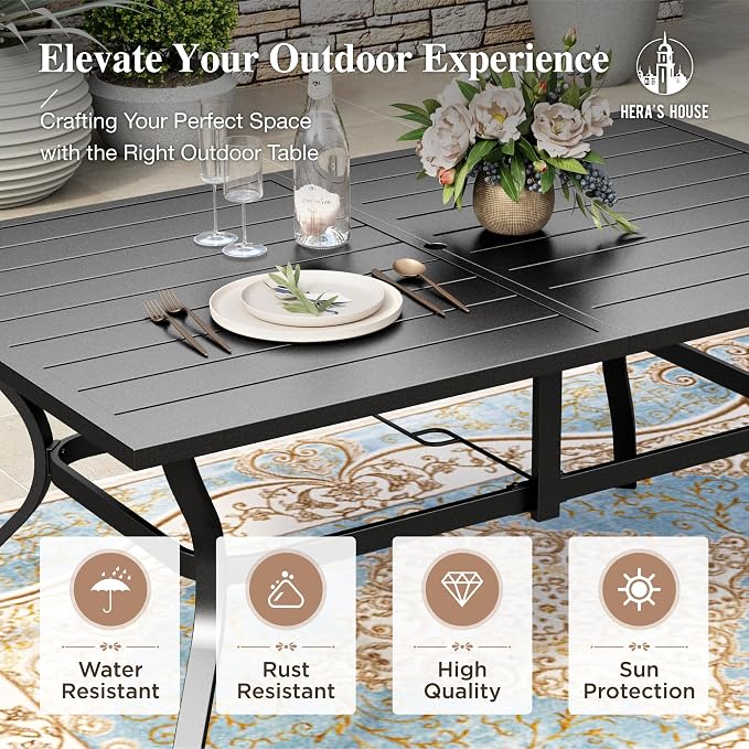 HERA'S HOUSE 7pc Patio Dining Set, 60" Metal Table, Textilene Chairs | Rectangular table with umbrella hole+ 6 brown chairs. Waterproof, rust-resistant, all-weather for backyard, porch
