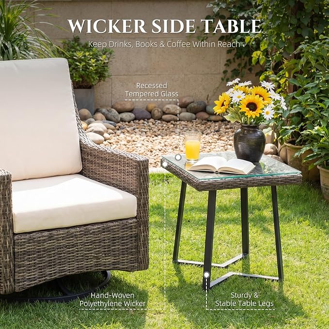 Rattan Tricot Patio Conversation Set, 3 Piece Set with 360° Rotary Sliding Chair and Side Table, Deep Seat, Wide Armrest, Thick Cushion, for Patio, Porch, Deck (Beige, 1 Pcs - Side Table)
