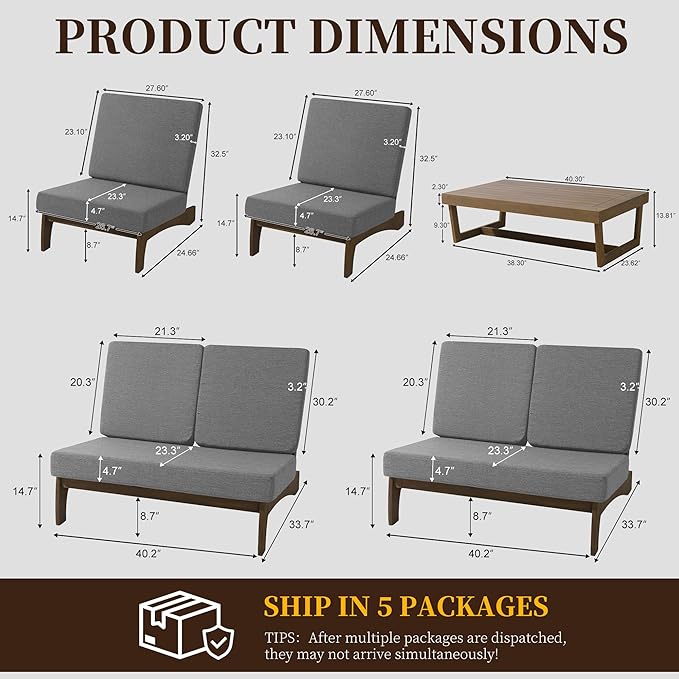 UIXE 5 Pieces All Weather Wood Patio Furniture Sets, 2 Patio Loveseat, 2 Patio Bistro Chair, Outdoor Sectional Sofa Furniture Backyard Conversation Set with Coffee Table - Grey
