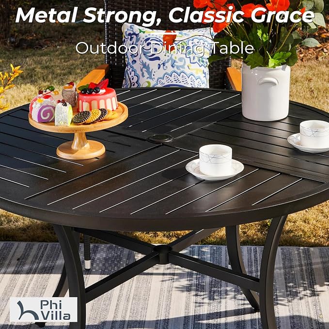 PHI VILLA 5 Piece Outdoor Round Dining Table Set for 4, 42” Metal Dining Table with Umbrella Hole & 4 Cushioned Wicker Chairs for Patio, Deck, Yard, Porch