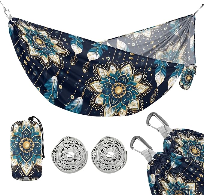 Camping Hammock Outdoor Hammocks for Outside Mandala Flower Feathers Beach Trees Portable Lightweight with Pockets Tree Straps Indoor