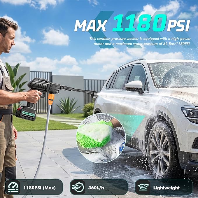 Cordless Portable Washer, 1180 PSI Battery Operated Washer with 6-in-1 Nozzle, Battery, 16.4FT Elastic Hose, Handheld Washer, Lightweight Car Washer for Car, Garden, Patio & Floor Cleaning