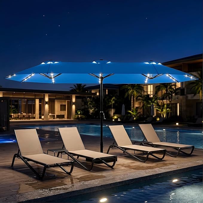 15ft Large Patio Umbrella with Solar Lights and Base, Double-Sided Outdoor Rectangle Umbrella with 48 LED Lights, Market Table Umbrellas with UV Resistant Canopy