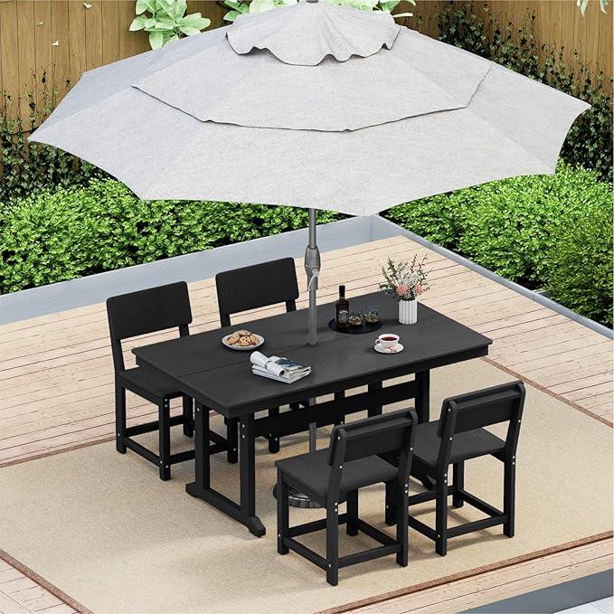 5-Piece HDPE Outdoor Patio Dining Set,Modern Plastic Dining Sets，Patio Table and Chairs Set with Umbrella Hole Cut-Out Table and 4 Chairs Black