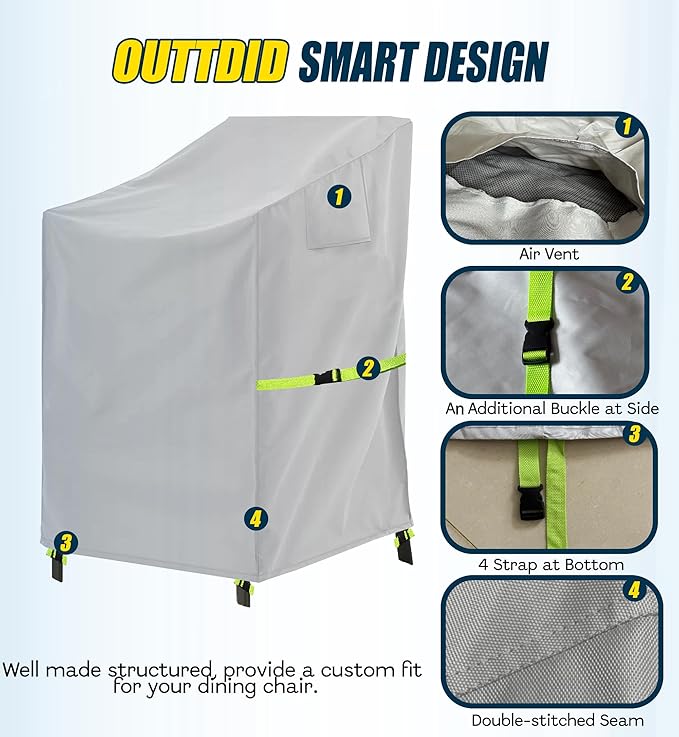 Stackable Patio Chair Cover - 600D High Back Outdoor Chair Cover Waterproof & Heavy Duty, 2 Pack Lawn Furniture Stacking Seat Cover for 4-6 Outdoor Stackable Dining Chairs - 28 x 36 x 47 Inch