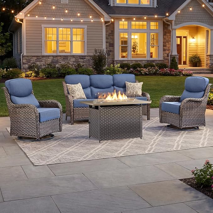 Luxury Patio Furniture Set with 6-inch Thick Cushion, Outdoor Furniture with Fire Pit Table, Swivel Chairs, Sofa, 4pcs Wicker Conversation Set for Deck Yard and Poolside(Blue)