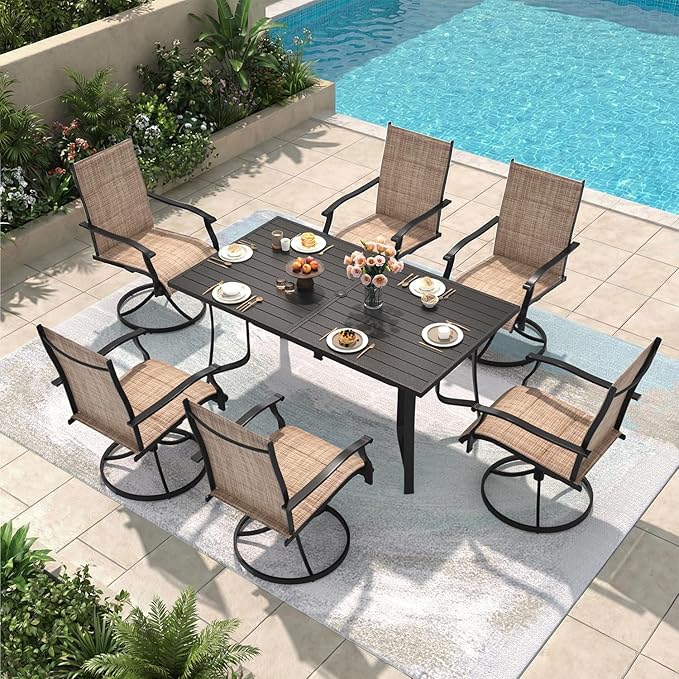 7 Pieces Patio Table and Chairs Set, 63" Metal Dining Table with Umbrella Hole, 6 High Back Textilene Swivel Chairs, Dining Table Set for 6, Outdoor Furniture for Porch Deck Yard Balcony, Brown