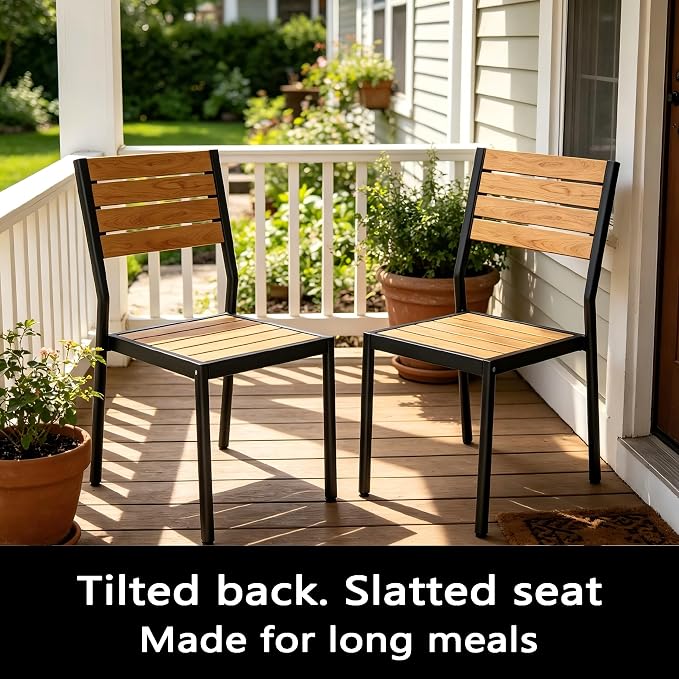 11-Piece Outdoor Dining Set for 10 Person with Teak Wood-Grain Top | Armless Stackable Chairs with 19.4" Seat Depth, Aluminum Frame Dining Furniture with Umbrella Hole for Deck, Porch & Backyard