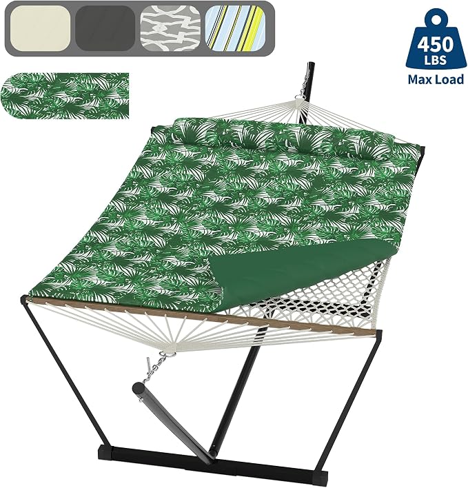 Portable Double Hammock with Stand, 2 Person Quilted Padded Hammock with Pillow, Adjustable Heavy-Duty Steel Hammock Stand, Foldable Outdoor Hammock for Patio Garden Backyard Beach Camping, Green