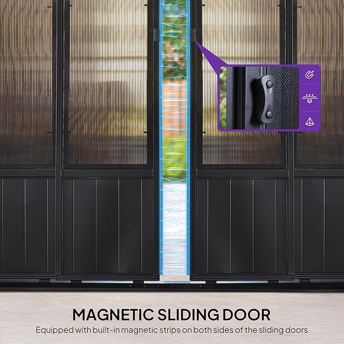 PURPLE LEAF Hardtop Gazebo Sunroom 12' x 18', Enclosed Patio Solarium with Mesh & Removable PC Panels, Magnetic Sliding Doors Outdoor Living Space for Backyard Lounge, Dining & Spa and 36 Solar Lights