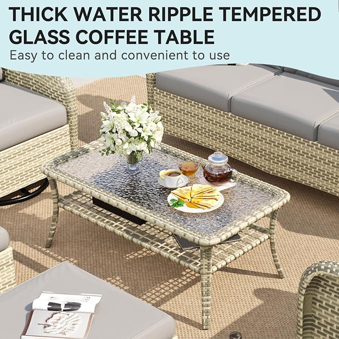 LazySunsets 9-Piece Outdoor Patio Furniture Set with Coffee Table, Wicker Rattan Outdoor Furniture with High Back Swivel Rocker Chairs, Outdoor Conversation Sets with Thick Cushions & Ottoman, Grey