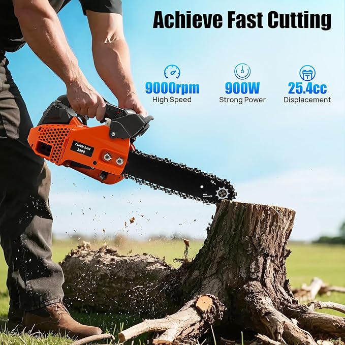 12 Inch Gas Chainsaw, 25.4CC 2-Stroke Top Handle Gas Powered Chainsaw, Petrol Handheld Gasoline Chainsaws for Cutting Forest Trees Wood, Garden, Farm Cutting