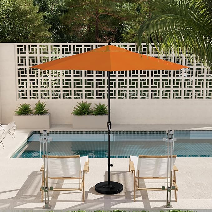 California Umbrella 12-Year Protection 9' Rd Aluminum Patio Umbrella, Crank Lift, Auto Tilt, Black Finish, Sunbrella Tuscan