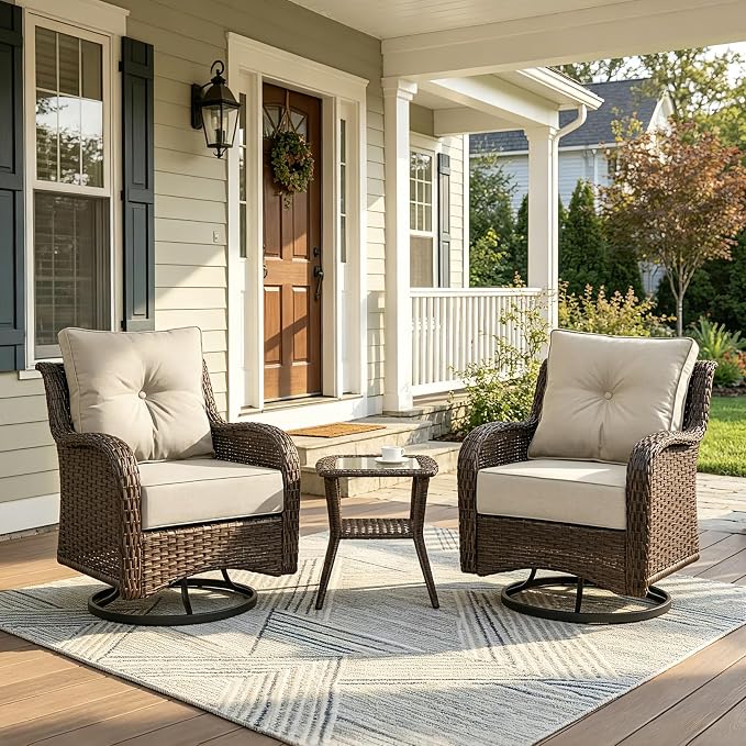 Luxury Patio Conversation Set, 3-Piece Ergonomic High Back Wicker Swivel Chair Set with 6-Inch Deep Seating Cushions, Large Patio Furniture Set for Garden, Deck & Balcony, Beige