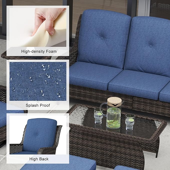 kinbor Outdoor Sectional Furniture - Outdoor Patio Conversation Sets, 7 Pieces Outdoor Sectional Sofas with Swivel Rocking Chair, Brown Wicker Rattan Patio Furniture Set, Navy Blue