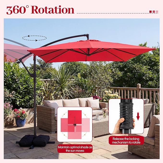 Tangkula 8x8 FT Patio Umbrella with Base Included, Square Offset Cantilever Outdoor Umbrella with 360 Degree Rotation, Crank Handle, Sandbags, 8 Ribs for Pool Deck Garden Backyard