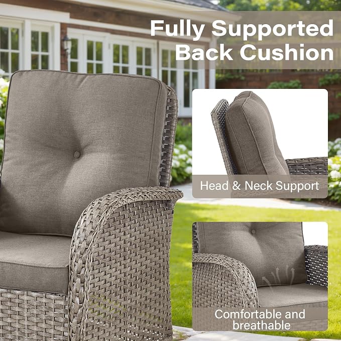 Belord 8 Piece Patio Furniture Set with 50000 BTU Propane Fire Pit Table, Outdoor Conversation Set with 2 Swivel Rocker Chairs Wicker Sofa and Ottomans for Casual Gatherings Grey Wicker