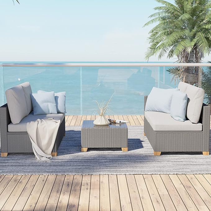 Grand patio Outdoor Conversation Set with Wicker Armrest,Wicker Patio Furniture Set,Modular Sectional Sofa Set with Thick Cushions for Backyard Garden Poolside (Right Armrest Loveseat, Light Gray)