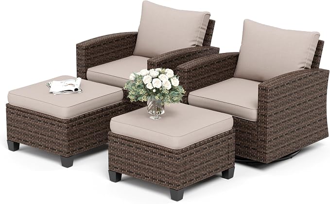 SUNSHINE VALLEY 4-Piece Patio Furniture Set with Swivel Chairs, Rattan Wicker Outdoor Furniture with 2 Swivel Glider Chairs and 2 Ottomans, Outdoor Lounge for Small Patio, All-Weather Design, Beige