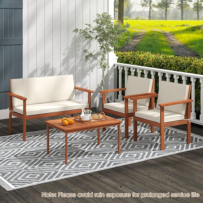 COSTWAY 4 Pieces Acacia Wood Conversation Set, Acacia Wood Porch Chairs with Table, Loveseat and Cushions, Outdoor Conversation Sofa Set for Garden, Balcony and Backyard