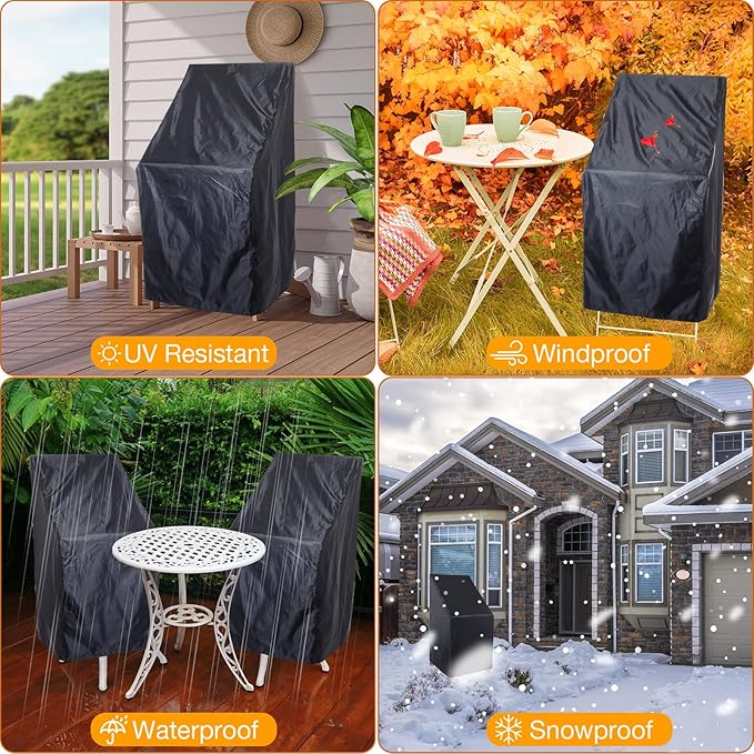 Tudomro 8 Pcs Stacking Outdoor Chair Covers Waterproof Black 210D Outdoor Patio Furniture Covers High Back Patio Chair Protection with Adjustable Hem Cord Weather Protection, 26 W x 26 D x 49 H Inch