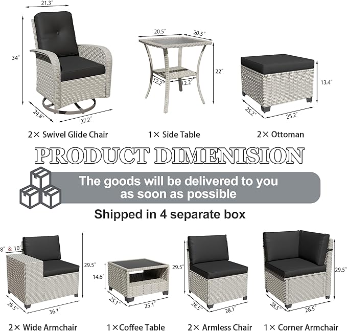 11-Piece Outdoor Patio Furniture Set, Modular Sectional Sofa Set with Swivel Rocker Chairs & Ottomans, Wicker Outdoor Couch Conversation Sets w/Coffee Table and Cushions, Black