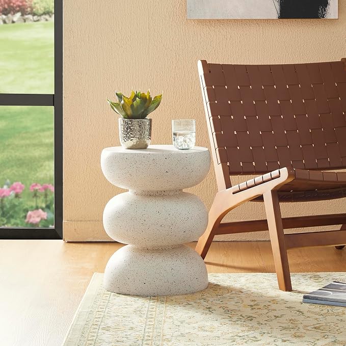 Glitzhome Outdoor Side Table, Round Small End Table with White Geometric Terrazzo Finish MGO Hourglass Garden Stool, Set of 2 Decorative Accent Table for Living Room Planter Stand Backyard Patio Porch