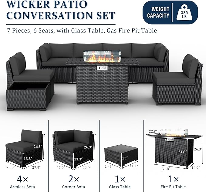 8 Pieces Outdoor Patio Furniture Set with 44" Fire Pit Table Black Rattan Sectional Conversation Sets w/Gas Fire Pit, Coffee Table, 1 Waterproof Covers, Dark Grey