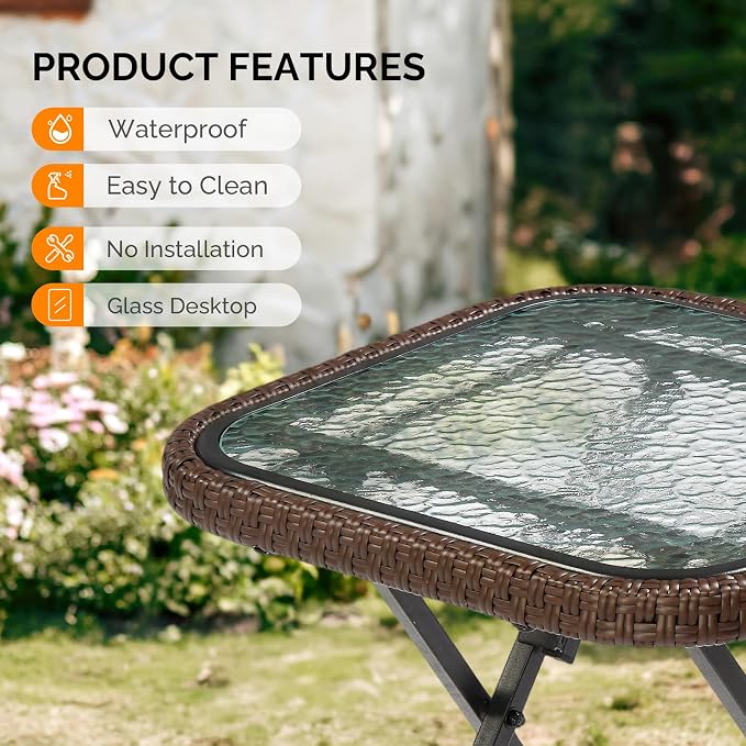 VINGLI 18in Modern Brown Rattan Folding Glass Outdoor Side Table, Small Patio Table with Tempered Glass Top,Rectangular,1 Pack