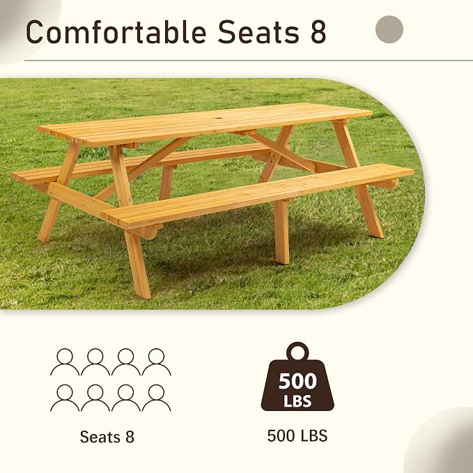 75" Outdoor Wooden Picnic Table with Benches Set, Dining Table Set with 2-Inch Umbrella Hole, One-Piece Wood Picnic Table for Backyard Garden Patio Party Gathering