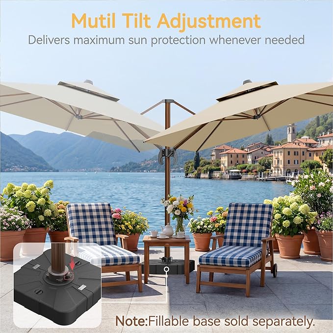 10x13 FT Wood Pattern Patio Umbrella, Large Deluxe Cantilever Rectangular Double Top Heavy Duty Offset Umbrellas with 360° Rotation, Outdoor shade for Garden Deck Pool Patio, Beige