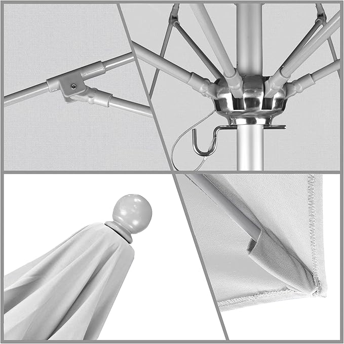 California Umbrella 9' Round Aluminum/Fiberglass Umbrella, Push Open, Silver Pole, Olefin White Fabric