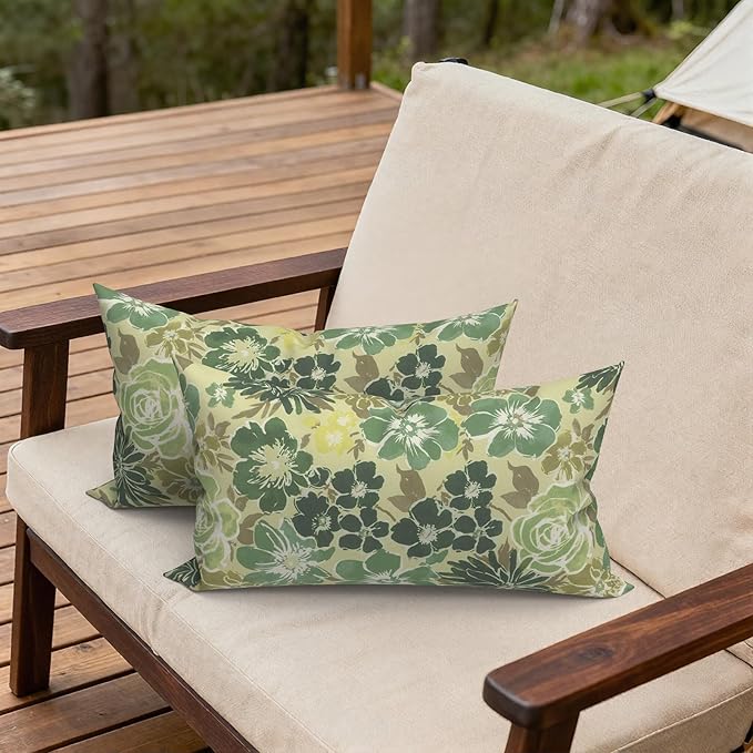 Outdoor Lumbar Pillows 12x20 Inch, Water Repellent Cushion Pillows, Outdoor Pillows with Inserts for Home Garden Pack of 2, Green Rose