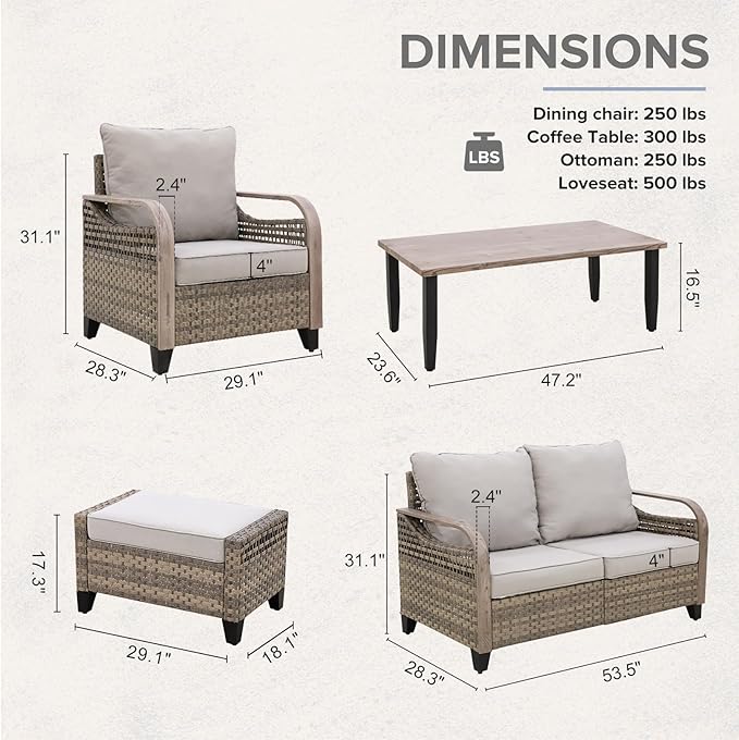 COOS BAY Modern Wicker Outdoor Furniture Set, 6 Piece Patio Conversation Set with 2 Patio Chairs, a 3 Seat Couch, 2 Ottomans and Coffee Table, 6 Piece, Brown/Gray