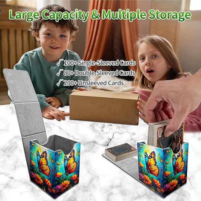 Deck Box for MTG, Cards Storage Box Fits 120+ Sleeved, Leather Medium Size Strong Magnetic Closing Card Case for Board Games Magic TCG CCG Baseball Collection, Butterfly Blue Sky