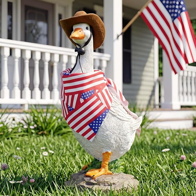 12" Real Farm Porch Goose Statue, Resin Yard Duck, Whimsical Outdoor Decor, Perfect for Garden, Patio, Backyard - Durable & Weather-Resistant, Accessorize with Cowboy Hat and Funny Scarf