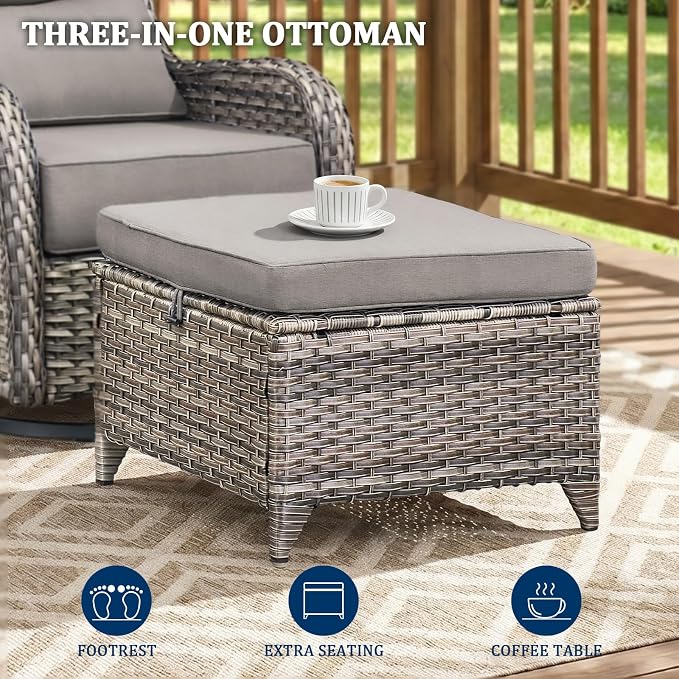 Luxury Swivel Rocker Chair Sofa Set with 6" Thick Cushions,6 Piece Wicker Swivel Rocker Patio Chair with footstools,Outdoor Comfortable High Back Chair Patio Furniture Set - Gery | Gery