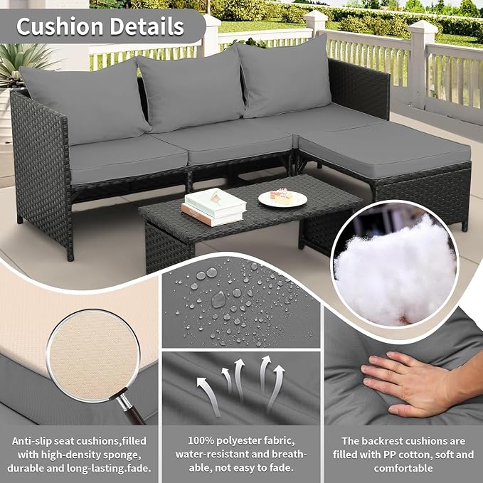 3-Piece Outdoor PE Rattan Furniture Set Patio Black Wicker Conversation Loveseat Sofa Sectional Couch Turquoise Cushion(Blue)