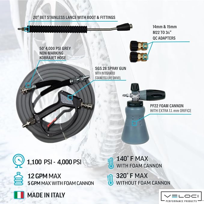 MTM Hydro PF22 Wide Mouth Foam Cannon Kit for Pressure Washer, SGS28 Spray Gun with Stainless Steel Swivel, Kobrajet 50' Grey Hose, Lance and Fittings
