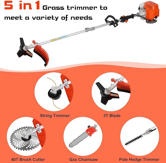 5 in 1 Gas Weed Eater - 52cc 2-Stroke Multi-Functional Hedge Trimmer Pruners Gas Powered Brush Cutter, Pole Saw Chainsaw, Handheld Weed Wacker for Garden and Yard Lawn (Red)